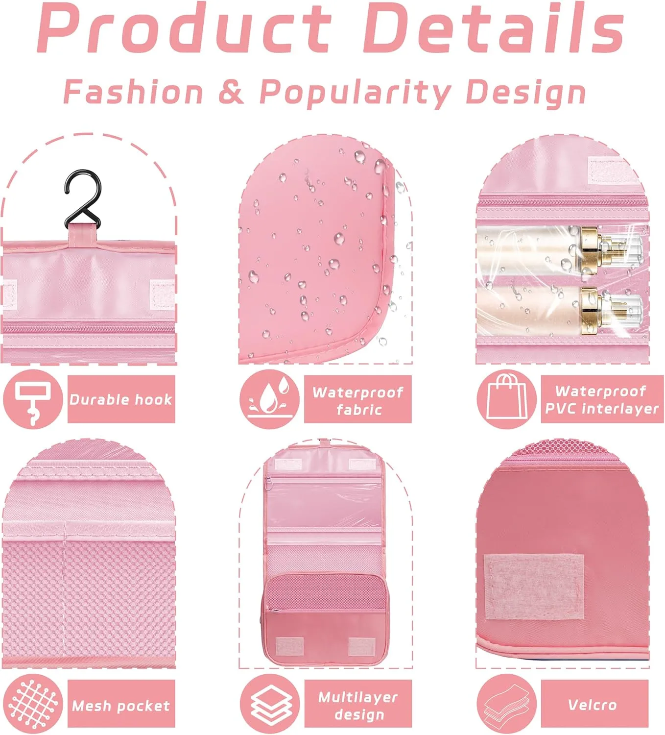 Toiletry Bag Travel Bag with Hanging Hook, Waterproof Capacity Hanging Multifunctional Makeup Bag for Toiletries, Portable Cosmetic Bag Travel Organizer for Women and Men(Pink)