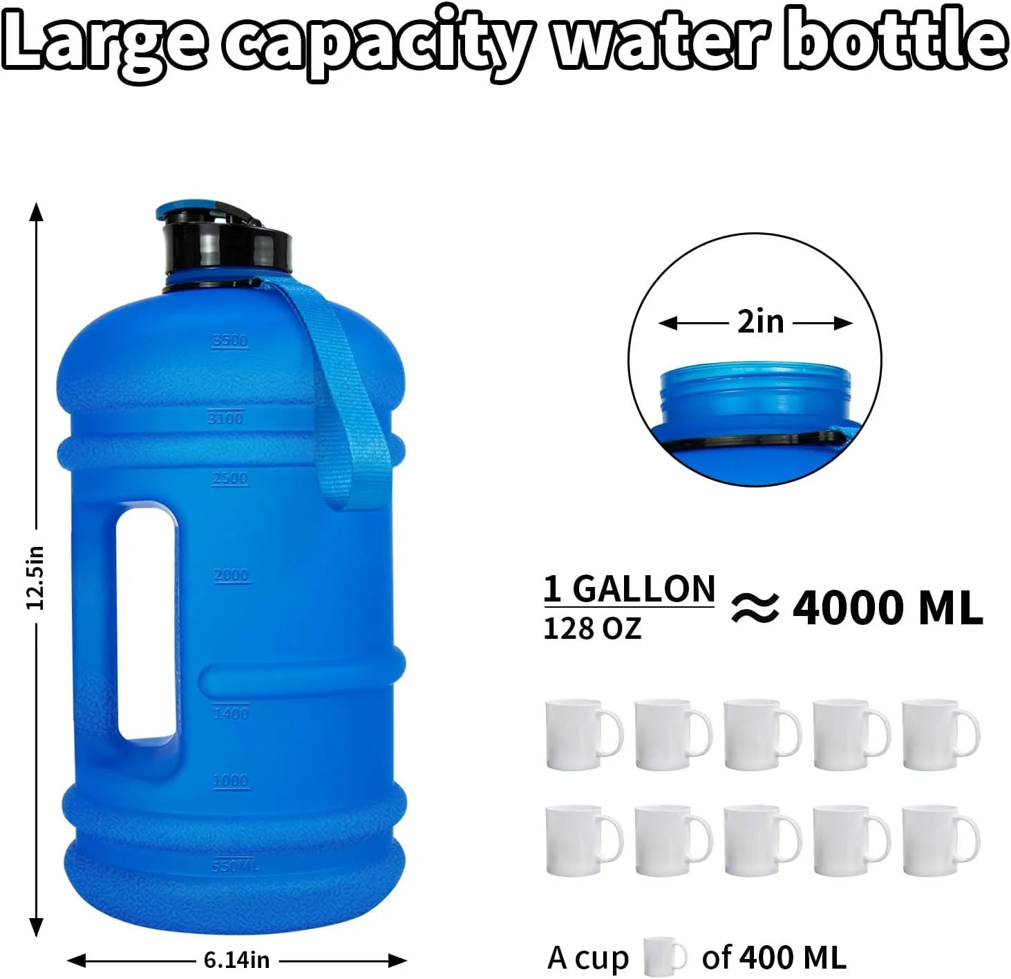 TOOFEEL 1 Gallon Water Bottle - 128 oz Water Bottle With Flip Lid - Gallon Water Bottle with Measurements Marked,Leak Proof BPA Free Gallon Water Jug for gym， sports - Matte Dark Blue