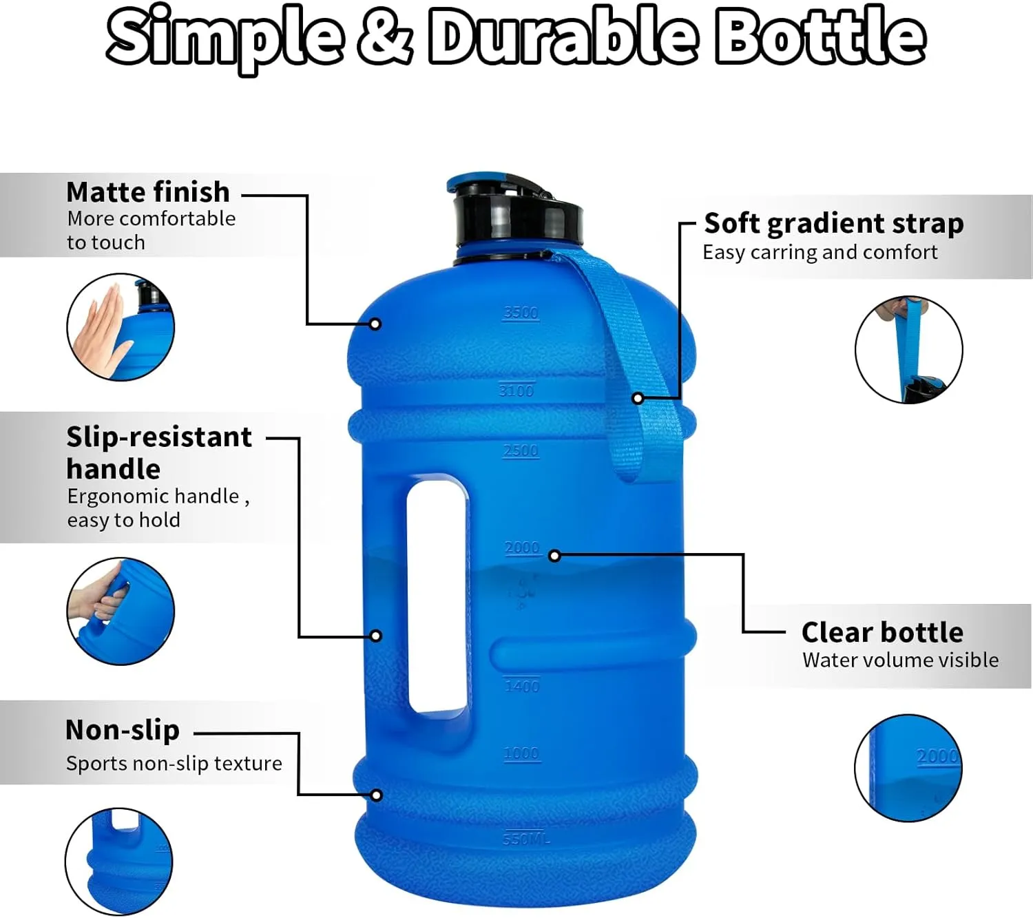 TOOFEEL 1 Gallon Water Bottle - 128 oz Water Bottle With Flip Lid - Gallon Water Bottle with Measurements Marked,Leak Proof BPA Free Gallon Water Jug for gym， sports - Matte Dark Blue