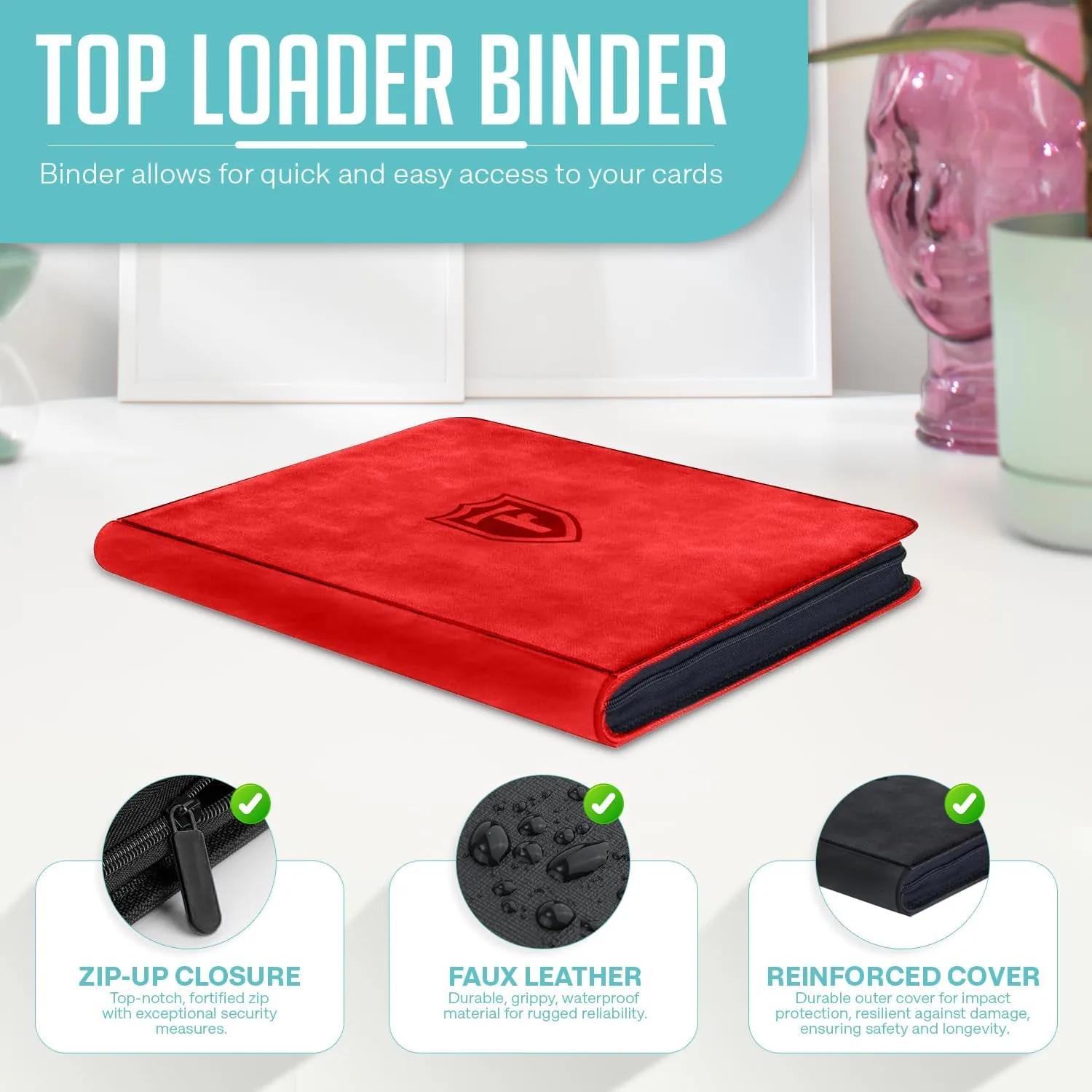 Top Loader Binder - 9 Pocket (3" x 4"), Holds 288 Toploaders | Binder For PKM, TCG & MTG Cards, Hockey Toploader Binder & Card Holder For Sports Cards (Red)