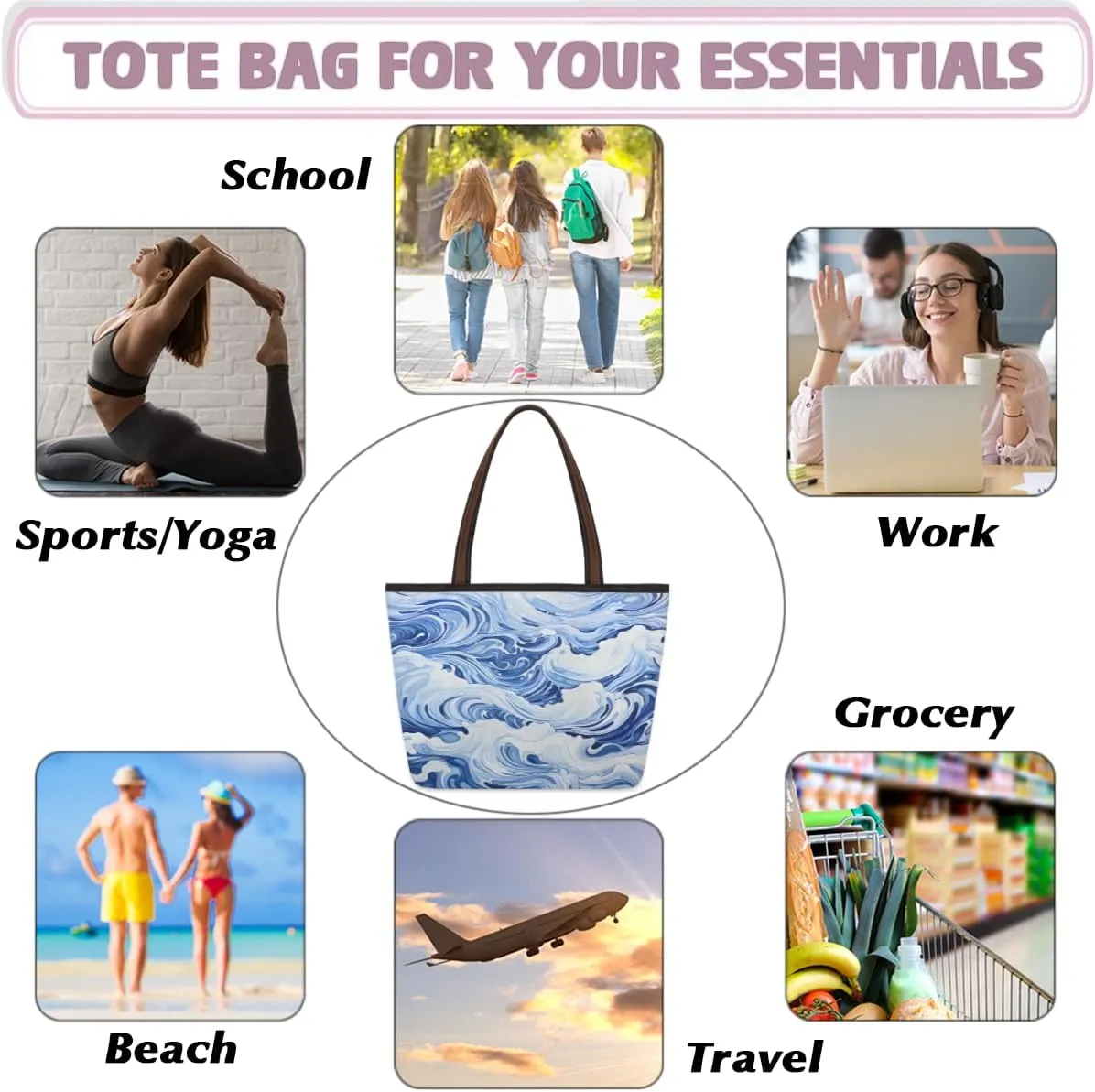 Tote Bag for Women with Zipper Large Capacity Top Handle Casual Shoulder Bag Handbag Reusable Shopping