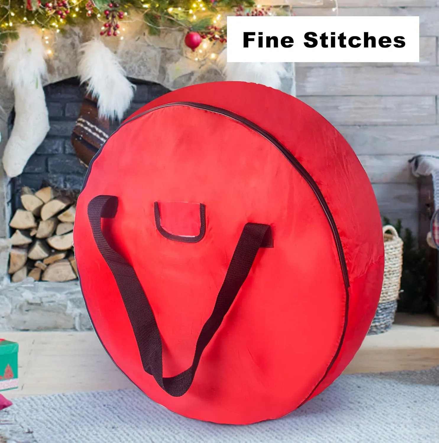 TQS Large Christmas Wreath Storage Bag - 30 Inch, Red, Cotton, Zipper Closure, Reinforced Handles, Double Zippers, Clear Card Slot, Ideal for Christmas Decorations