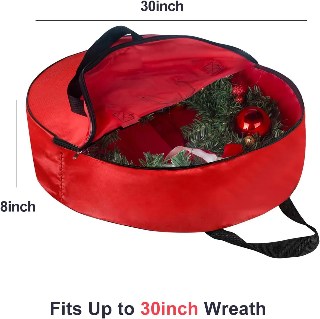 TQS Large Christmas Wreath Storage Bag - 30 Inch, Red, Cotton, Zipper Closure, Reinforced Handles, Double Zippers, Clear Card Slot, Ideal for Christmas Decorations