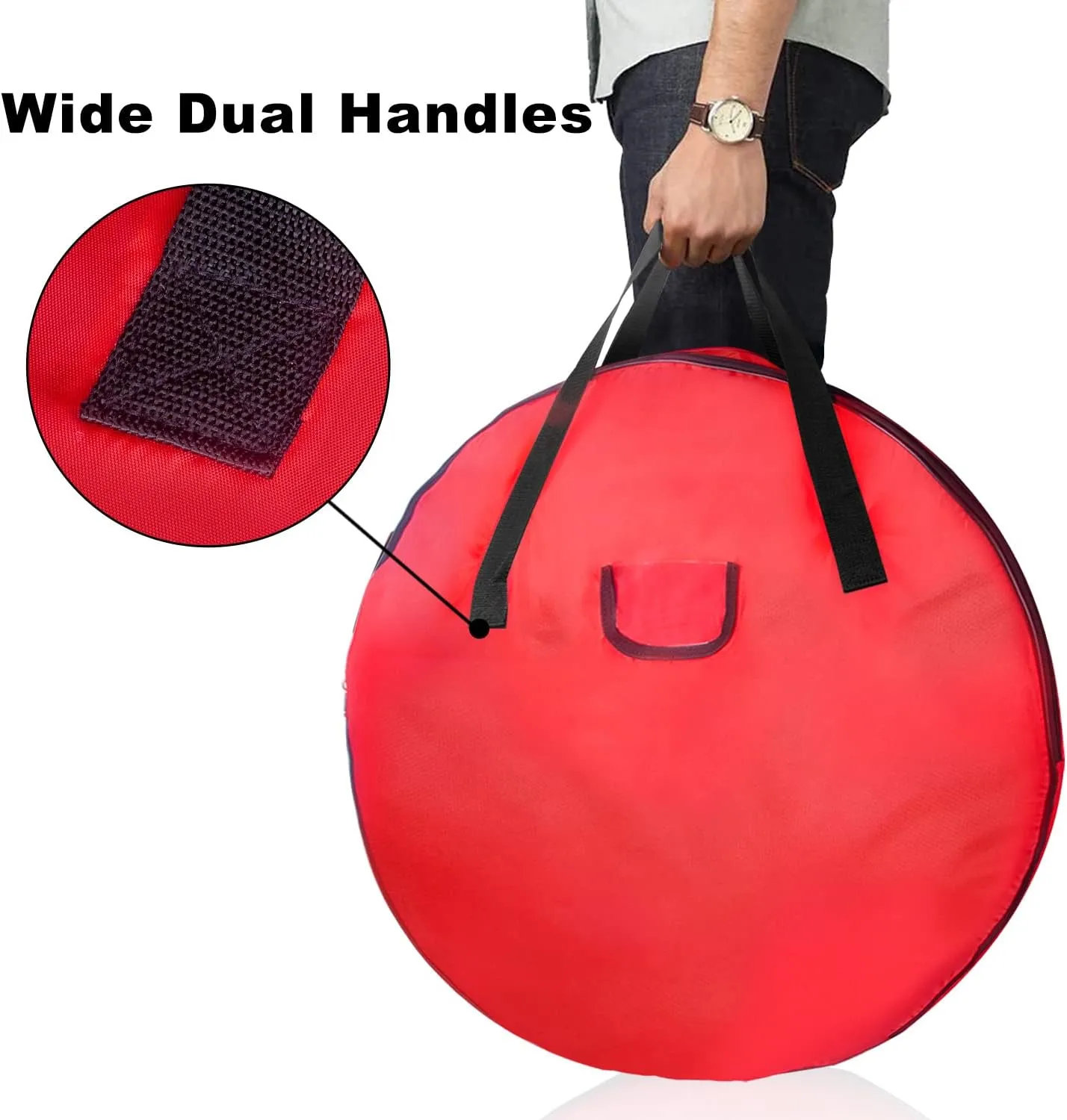 TQS Large Christmas Wreath Storage Bag - 30 Inch, Red, Cotton, Zipper Closure, Reinforced Handles, Double Zippers, Clear Card Slot, Ideal for Christmas Decorations