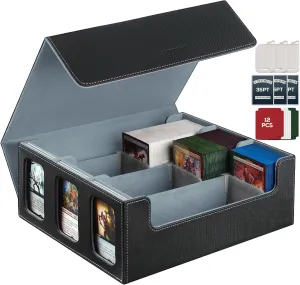 Trading Card Storage Box, 3000  MTG card storage box with Commander Display，3-Row Deck Case for MTG TCG Sports Card, 3 Toploaders, 3 Stoppers, 12 Colorful Dividers(Black&Grey)