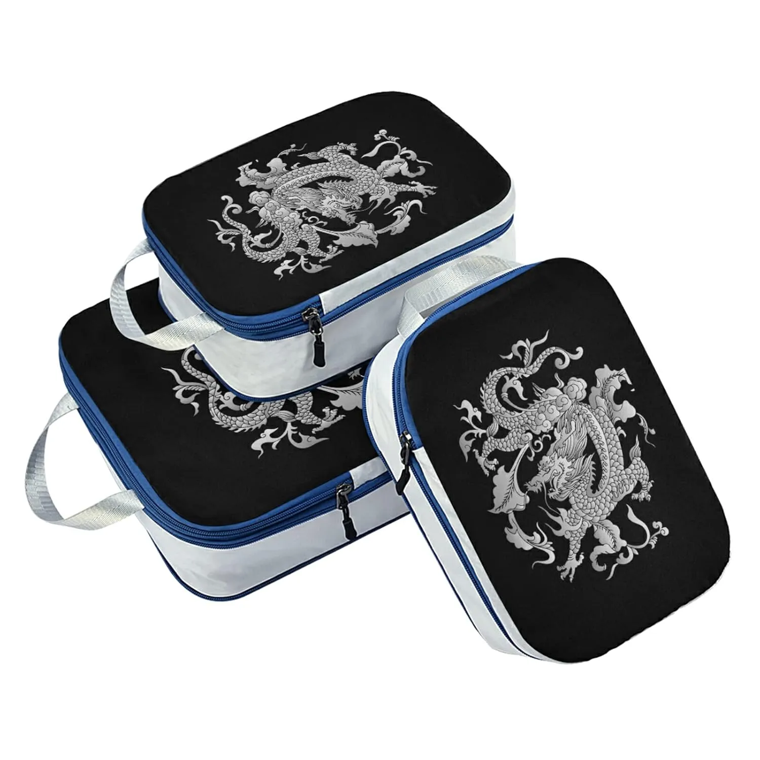 Traditional Chinese Silver Grey Dragon on Black Dark 3 Piece set Cubes Expandable Adjustable Luggage Packing Bags, Ultralight Organizer Accessories Travel Suitcase Compressible Bags
