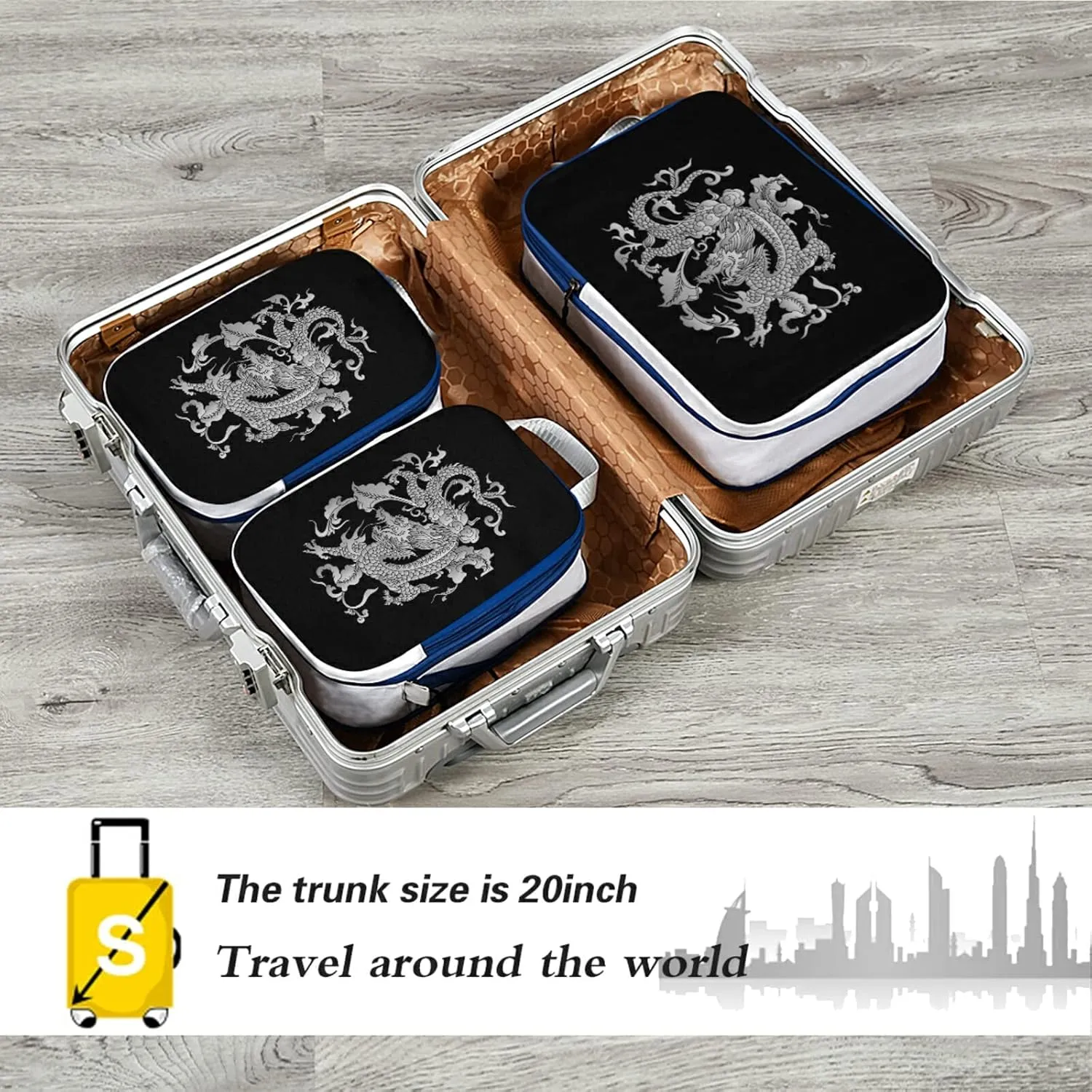 Traditional Chinese Silver Grey Dragon on Black Dark 3 Piece set Cubes Expandable Adjustable Luggage Packing Bags, Ultralight Organizer Accessories Travel Suitcase Compressible Bags