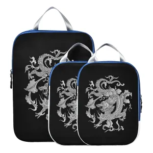 Traditional Chinese Silver Grey Dragon on Black Dark 3 Piece set Cubes Expandable Adjustable Luggage Packing Bags, Ultralight Organizer Accessories Travel Suitcase Compressible Bags