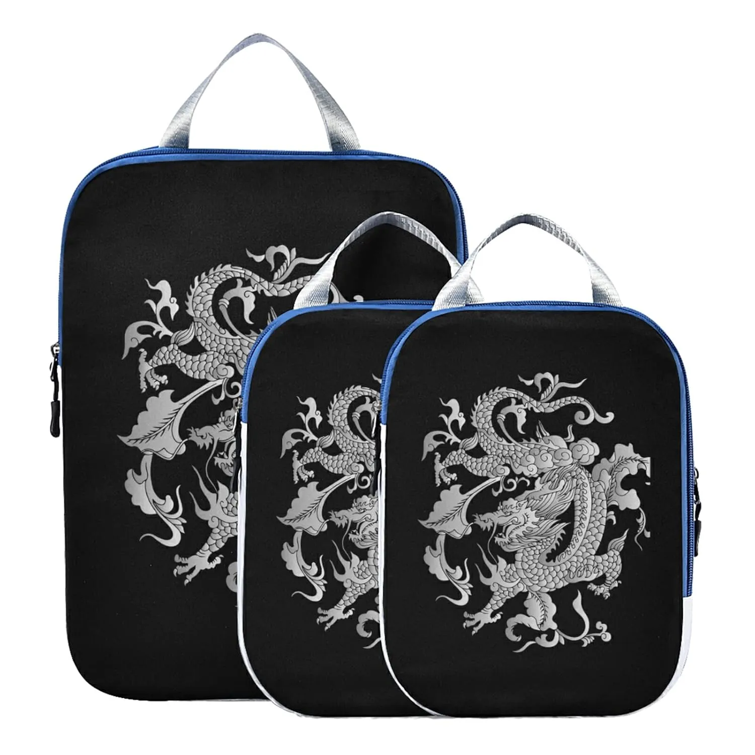 Traditional Chinese Silver Grey Dragon on Black Dark 3 Piece set Cubes Expandable Adjustable Luggage Packing Bags, Ultralight Organizer Accessories Travel Suitcase Compressible Bags