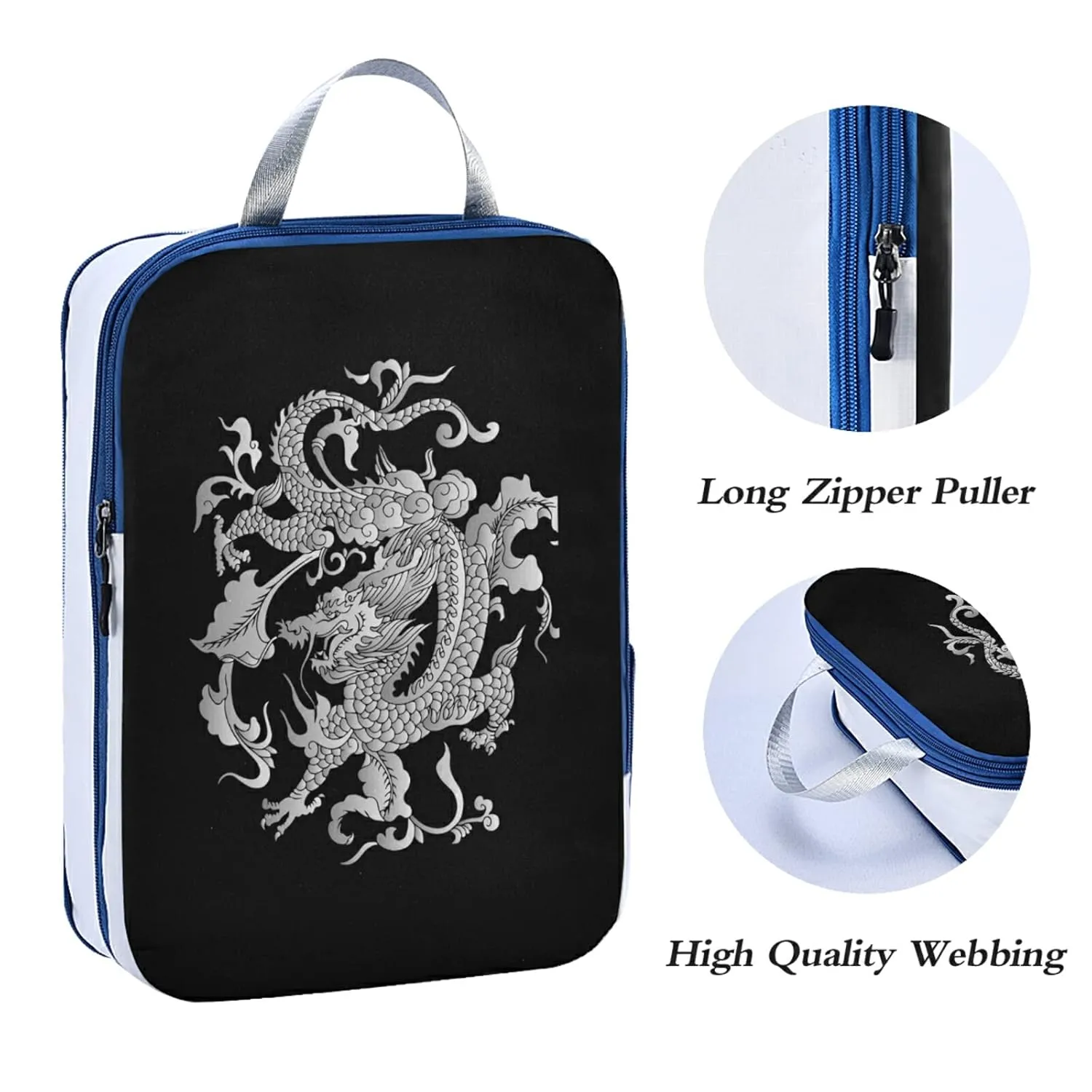 Traditional Chinese Silver Grey Dragon on Black Dark 3 Piece set Cubes Expandable Adjustable Luggage Packing Bags, Ultralight Organizer Accessories Travel Suitcase Compressible Bags