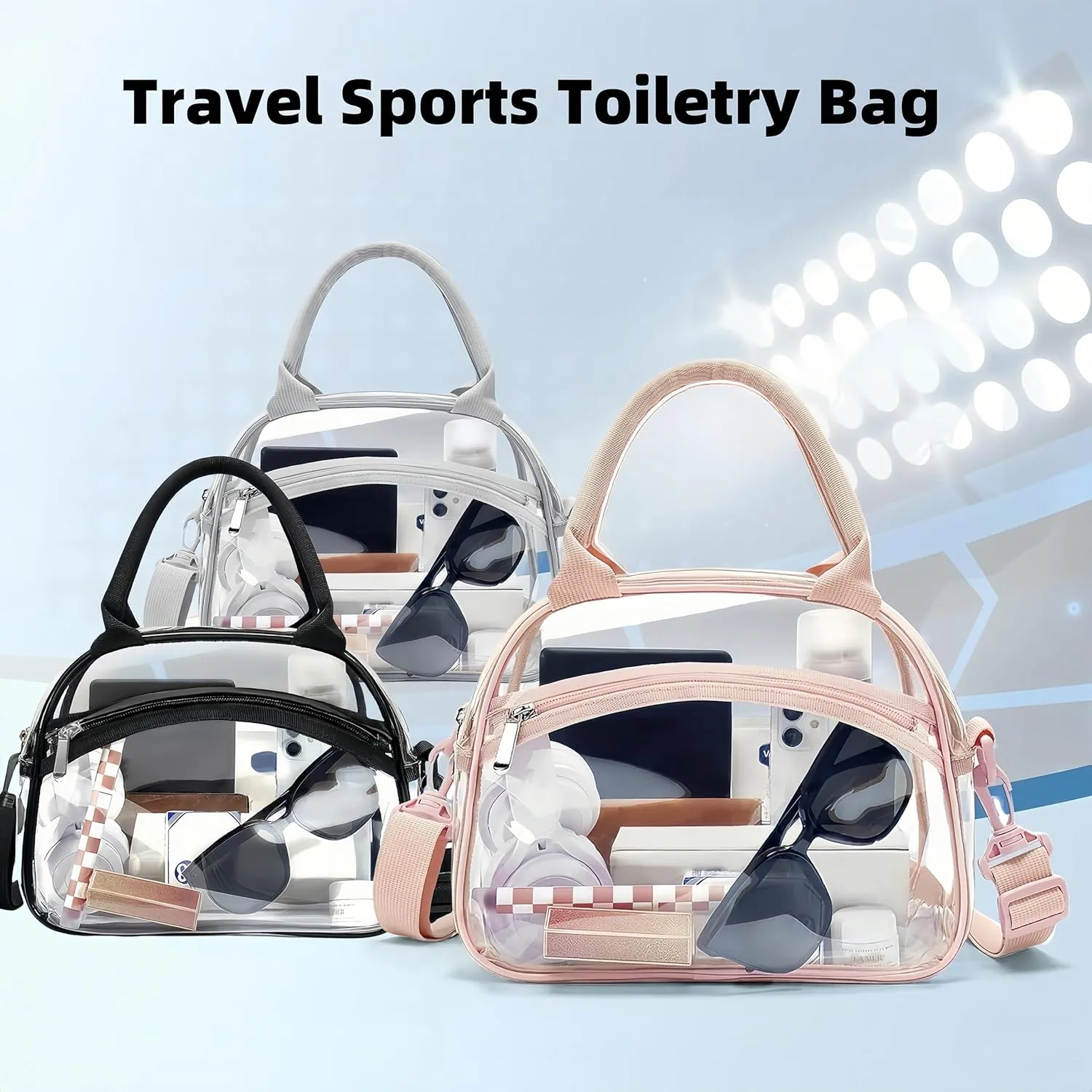 Transparent Travel Sports Toiletry Bag - Stadium Approved, Waterproof, with Adjustable Strap & Metal Zippers (Pink)