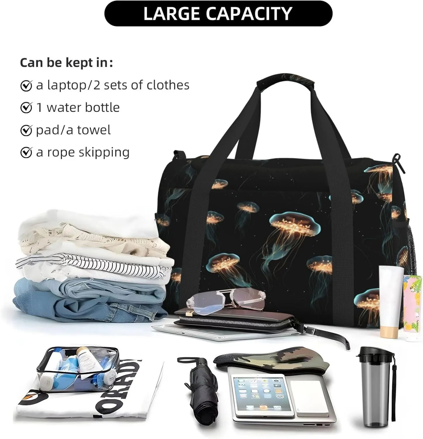 Travel Duffel Bag For Men Women, Sea Animals Jellyfish Pattern Black Carry On Sport Gym Bag With Shoulder Strap Lightweight Waterproof Weekender Bag Overnight Bag