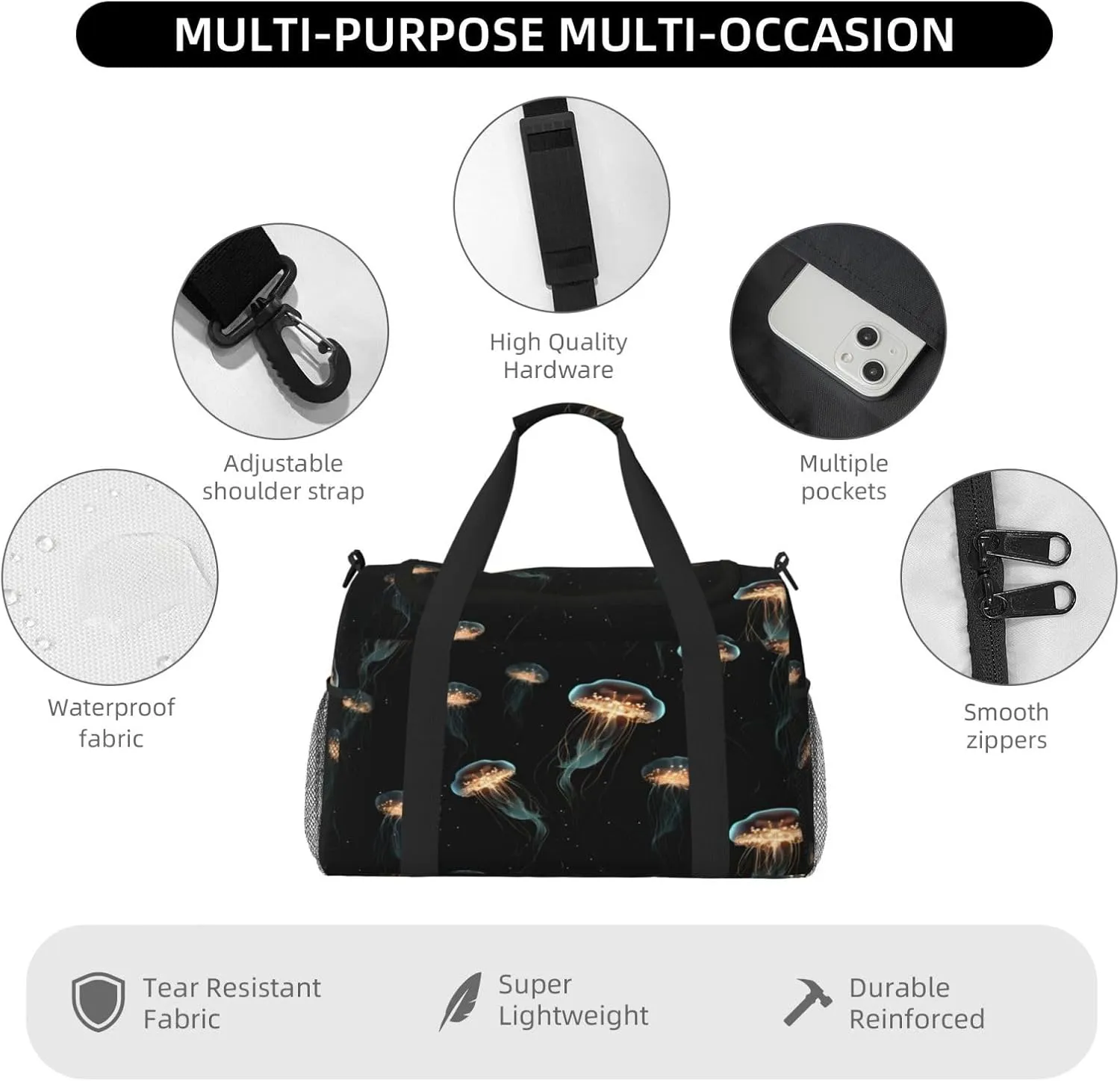 Travel Duffel Bag For Men Women, Sea Animals Jellyfish Pattern Black Carry On Sport Gym Bag With Shoulder Strap Lightweight Waterproof Weekender Bag Overnight Bag