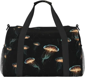 Travel Duffel Bag For Men Women, Sea Animals Jellyfish Pattern Black Carry On Sport Gym Bag With Shoulder Strap Lightweight Waterproof Weekender Bag Overnight Bag
