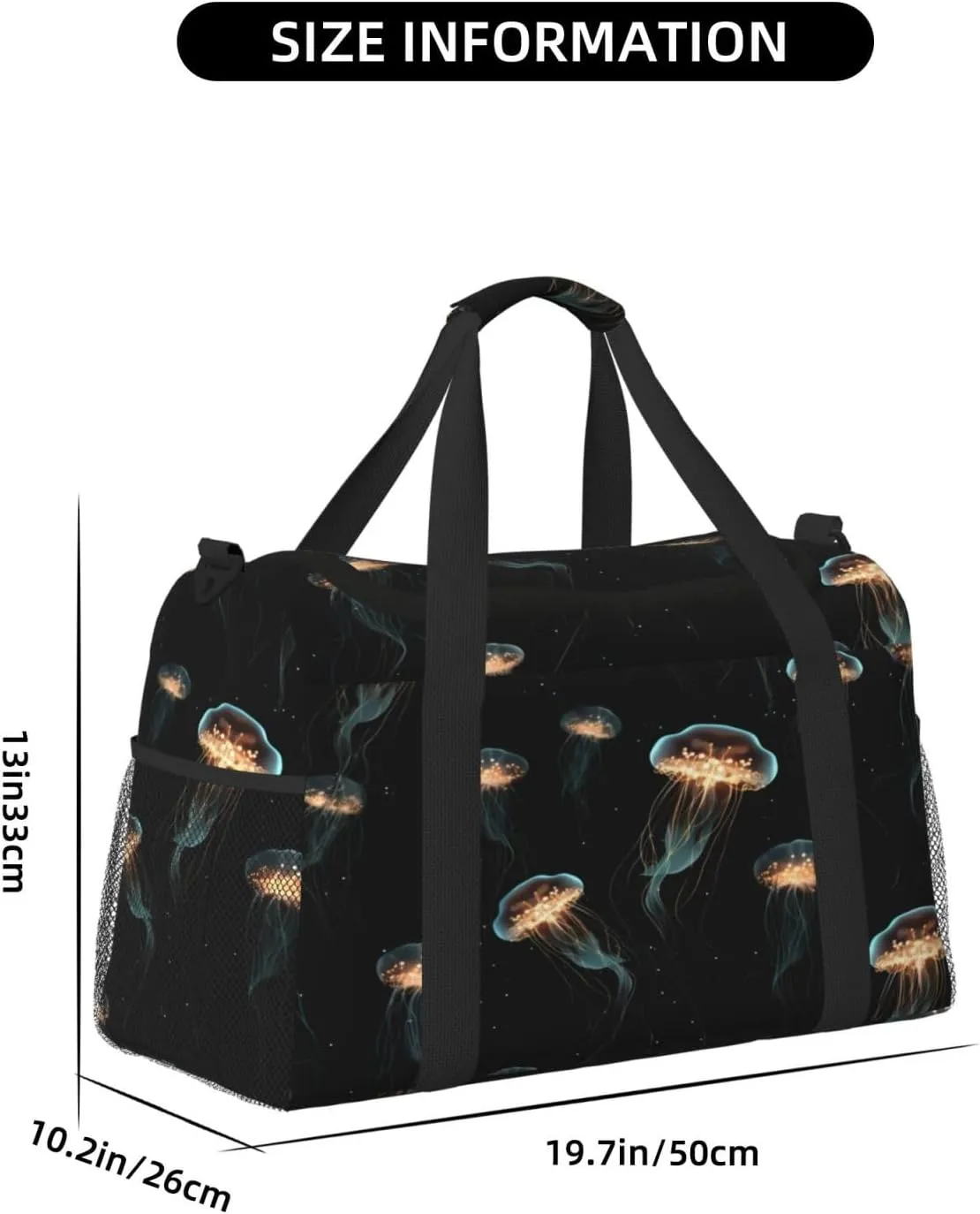 Travel Duffel Bag For Men Women, Sea Animals Jellyfish Pattern Black Carry On Sport Gym Bag With Shoulder Strap Lightweight Waterproof Weekender Bag Overnight Bag