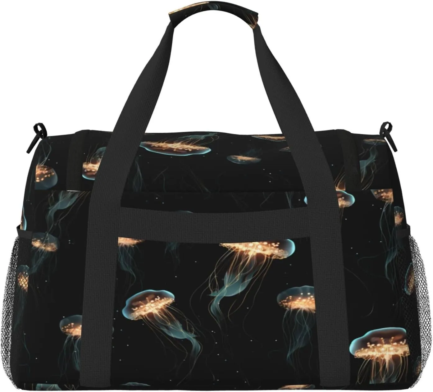 Travel Duffel Bag For Men Women, Sea Animals Jellyfish Pattern Black Carry On Sport Gym Bag With Shoulder Strap Lightweight Waterproof Weekender Bag Overnight Bag