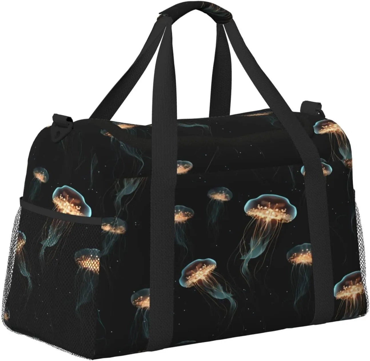 Travel Duffel Bag For Men Women, Sea Animals Jellyfish Pattern Black Carry On Sport Gym Bag With Shoulder Strap Lightweight Waterproof Weekender Bag Overnight Bag
