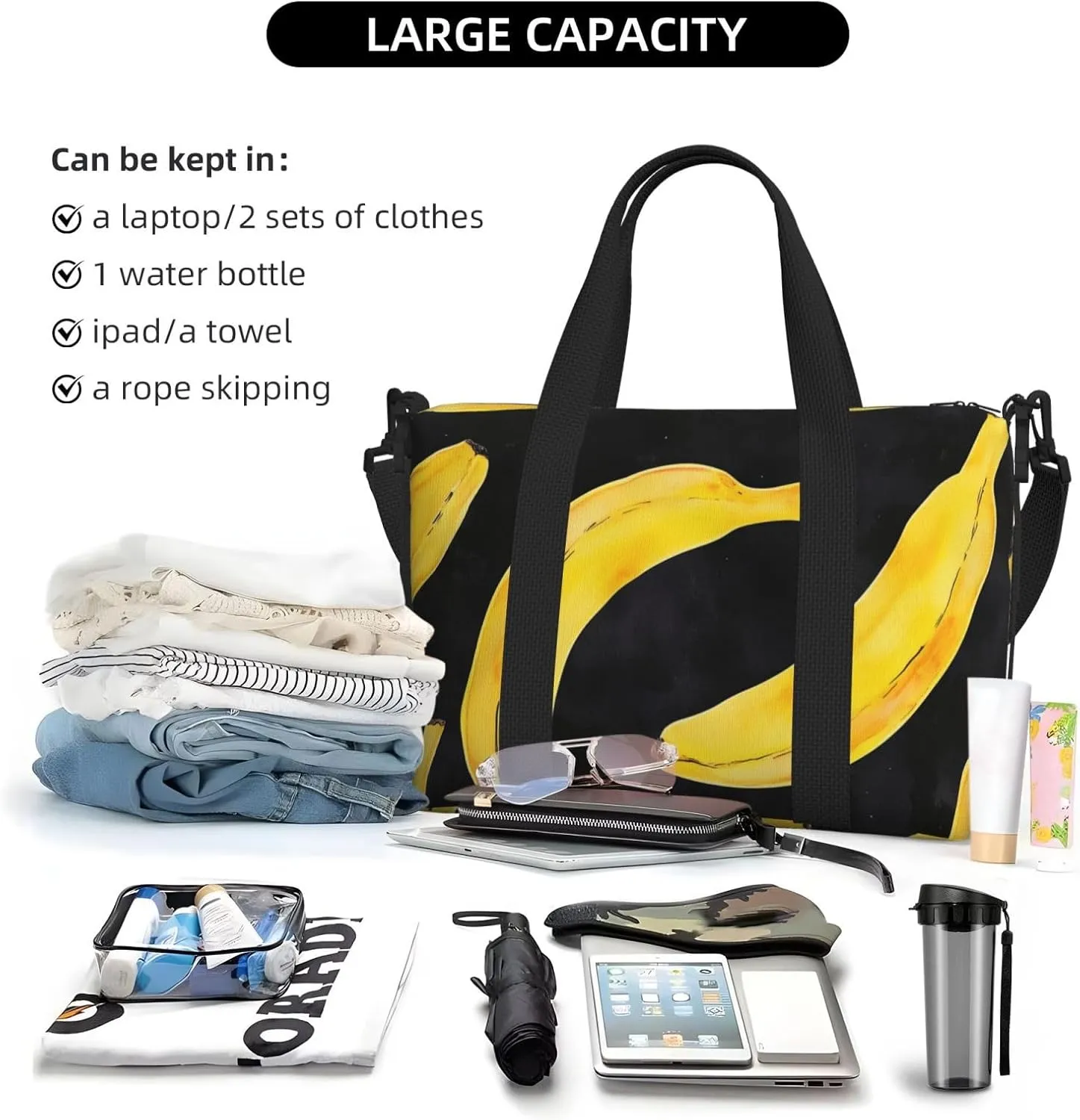 Travel Duffle Bag Banana Pattern Weekender Overnight Bags Luggage Bag for Women Men Waterproof Sports Gym Bag Hand Bag with Shoulder Strap