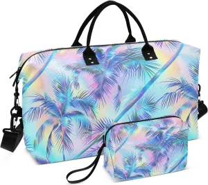 Travel Duffle Bag Gym Bag, Laser Plam Trees Weekender Bags for Women with Toiletry Bag Travel Tote Bag Swim Bag