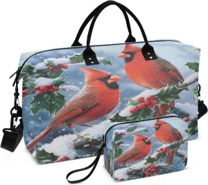 Travel Duffle Bag Gym Bag, Red Bird Evergreen Branch Weekender Bags for Women with Toiletry Bag Travel Tote Bag Swim Bag