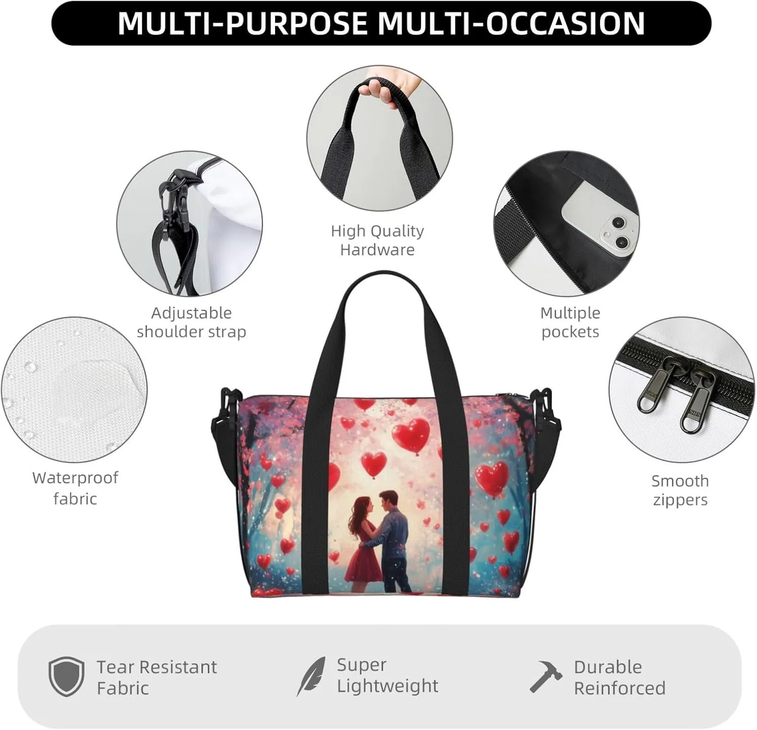 Travel Duffle Bag Roses Heart Couple Weekender Overnight Bags Luggage Bag for Women Men Waterproof Sports Gym Bag Hand Bag with Shoulder Strap