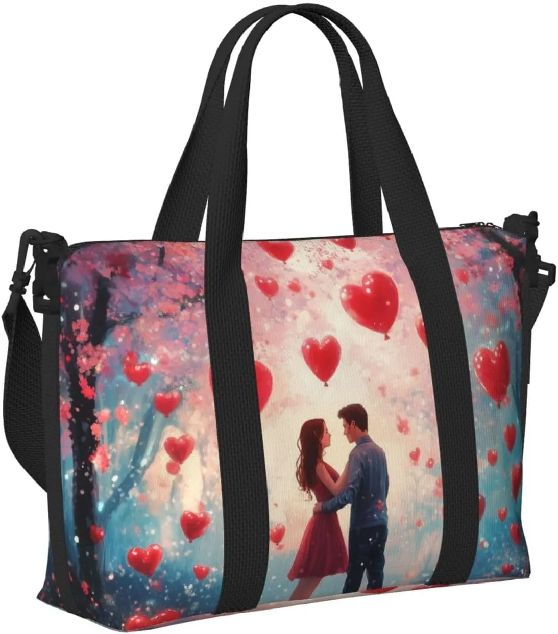 Travel Duffle Bag Roses Heart Couple Weekender Overnight Bags Luggage Bag for Women Men Waterproof Sports Gym Bag Hand Bag with Shoulder Strap