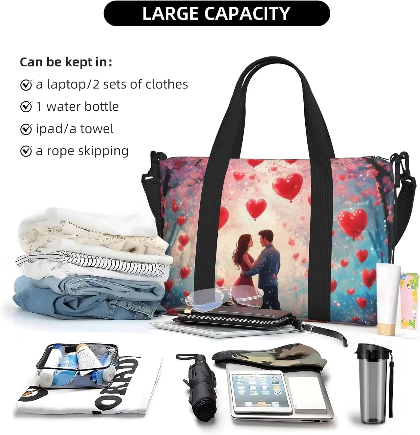 Travel Duffle Bag Roses Heart Couple Weekender Overnight Bags Luggage Bag for Women Men Waterproof Sports Gym Bag Hand Bag with Shoulder Strap