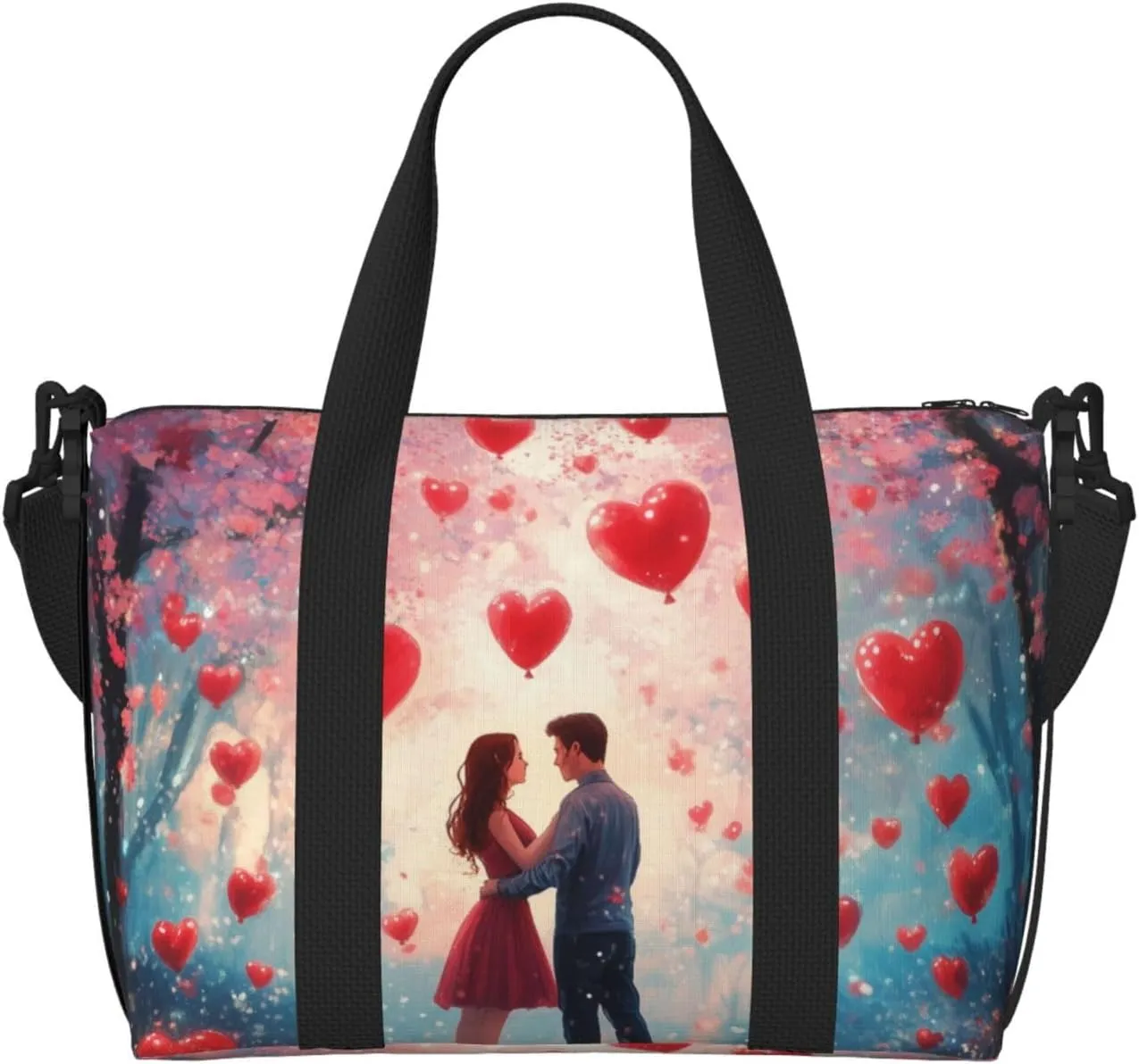Travel Duffle Bag Roses Heart Couple Weekender Overnight Bags Luggage Bag for Women Men Waterproof Sports Gym Bag Hand Bag with Shoulder Strap