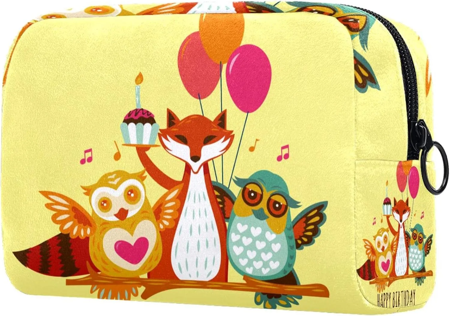Travel Makeup Bag for Women, Cute Woodland Fox Owl Animals Happy Birthday Travel Cosmetic Bag Pencil Case Portable Makeup Pouch Toiletry Bag for Girls