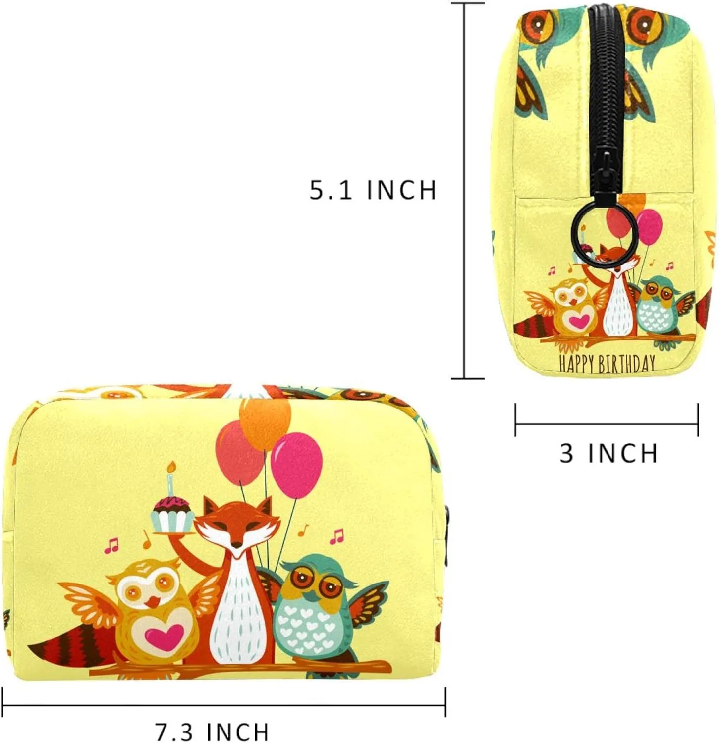 Travel Makeup Bag for Women, Cute Woodland Fox Owl Animals Happy Birthday Travel Cosmetic Bag Pencil Case Portable Makeup Pouch Toiletry Bag for Girls