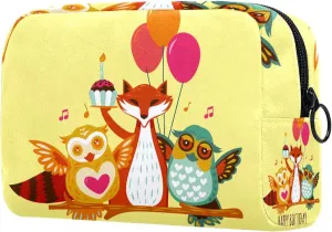 Travel Makeup Bag for Women, Cute Woodland Fox Owl Animals Happy Birthday Travel Cosmetic Bag Pencil Case Portable Makeup Pouch Toiletry Bag for Girls