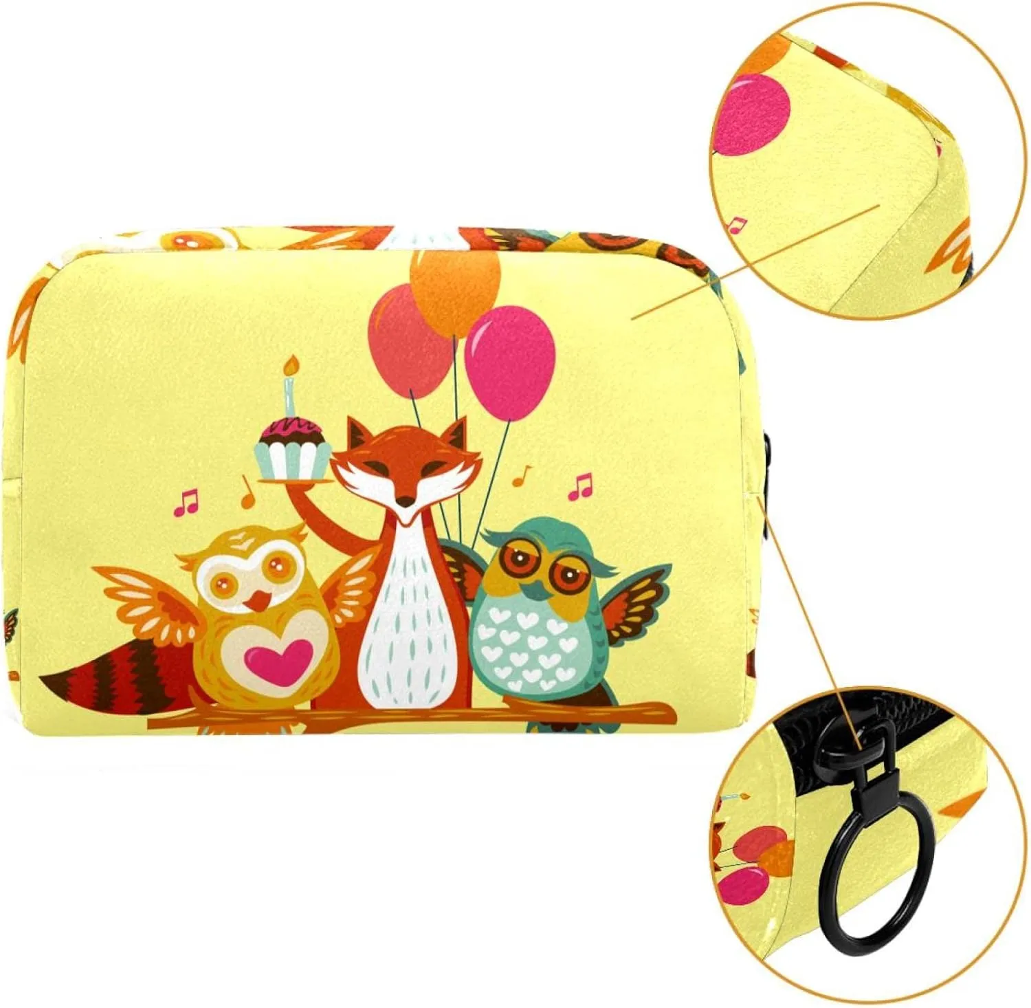 Travel Makeup Bag for Women, Cute Woodland Fox Owl Animals Happy Birthday Travel Cosmetic Bag Pencil Case Portable Makeup Pouch Toiletry Bag for Girls