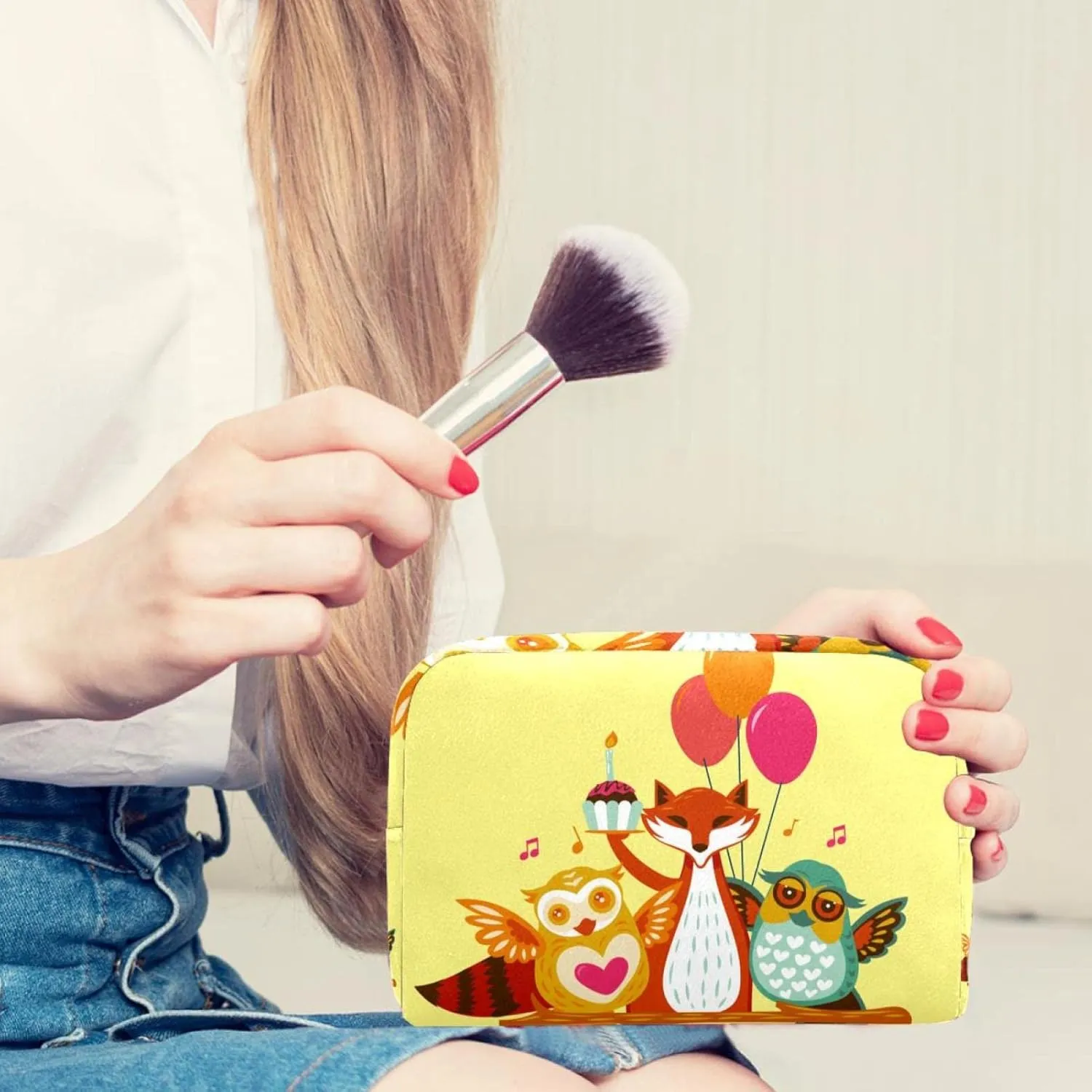 Travel Makeup Bag for Women, Cute Woodland Fox Owl Animals Happy Birthday Travel Cosmetic Bag Pencil Case Portable Makeup Pouch Toiletry Bag for Girls