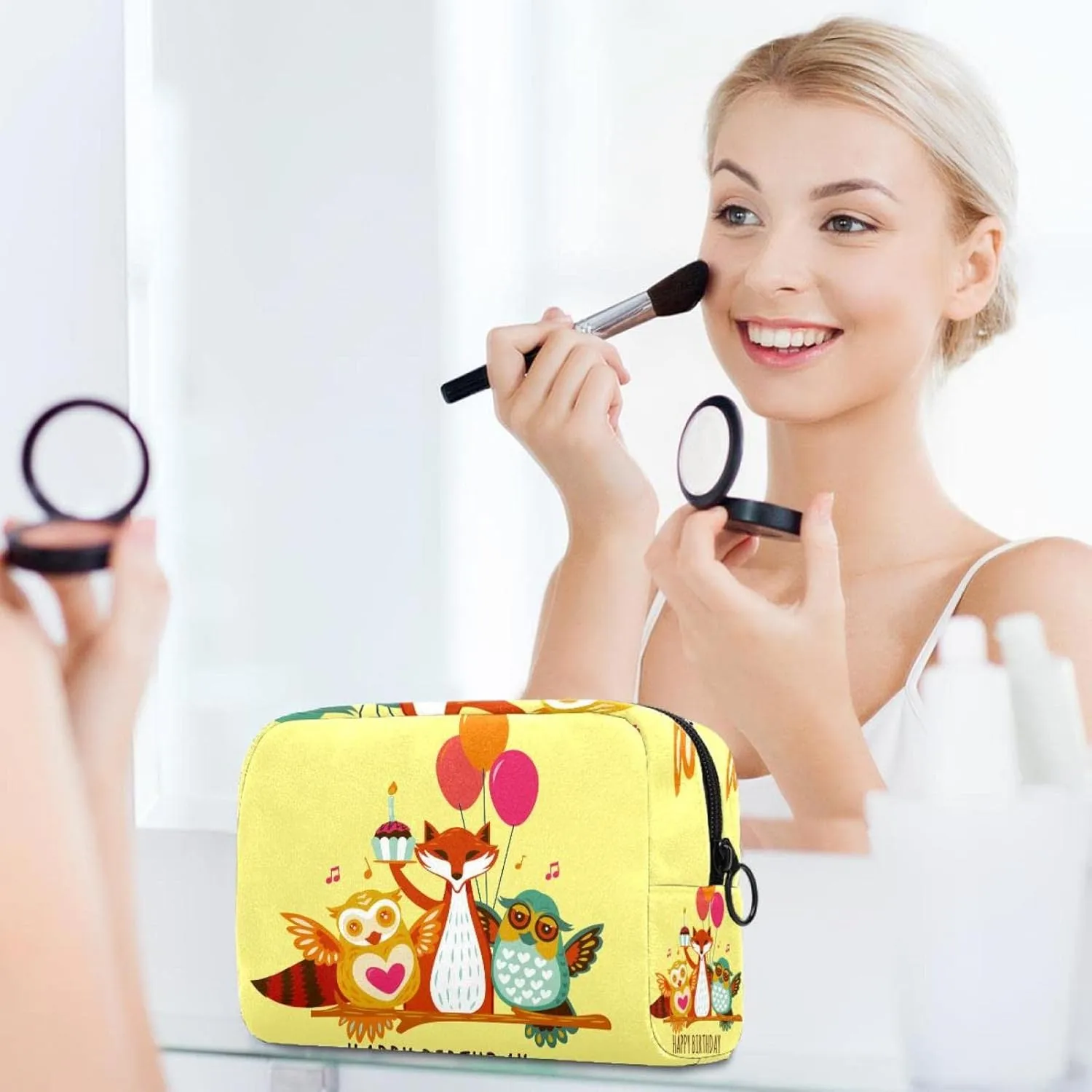 Travel Makeup Bag for Women, Cute Woodland Fox Owl Animals Happy Birthday Travel Cosmetic Bag Pencil Case Portable Makeup Pouch Toiletry Bag for Girls