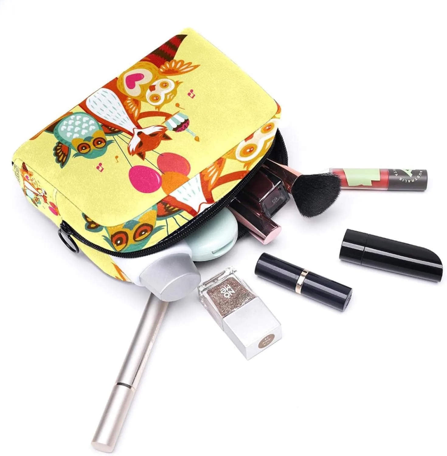 Travel Makeup Bag for Women, Cute Woodland Fox Owl Animals Happy Birthday Travel Cosmetic Bag Pencil Case Portable Makeup Pouch Toiletry Bag for Girls