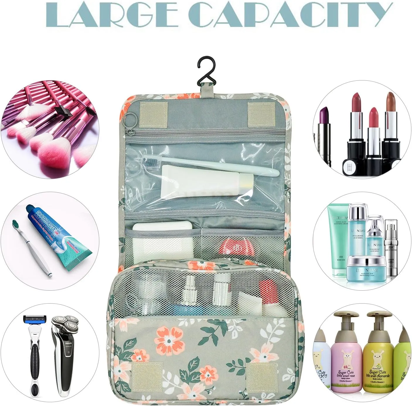 Travel Makeup Bag for Women Portable Hanging Cosmetic Make up Organizer Pouch Lightgreyflower
