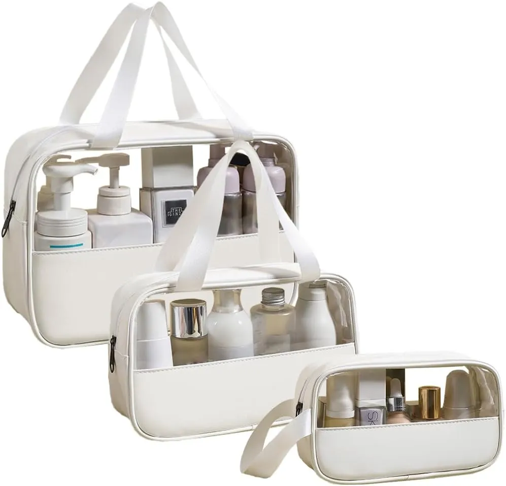 Travel Toiletry Bag, Clear Toiletry Bag Set of 3, Large Transparent Makeup Bag for Toiletries, Carry on Travel Organizer Bag (Solid White)