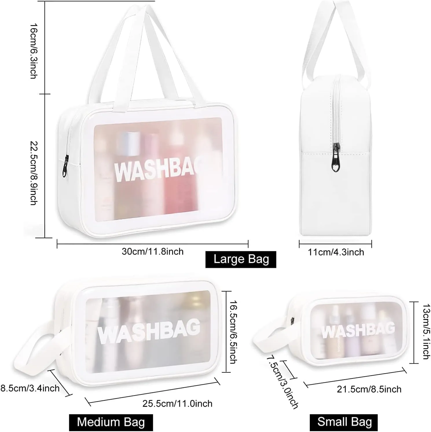 Travel Toiletry Bag for Women Men - Translucent,Waterproof, Portable and Cute Makeup Cosmetic Bag Set(A-White)