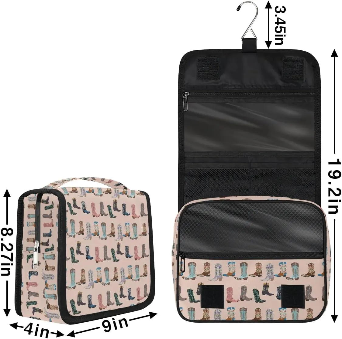 Travel Toiletry Bag for Women Men with Hanging Hook Pink Retro Western Print Cowboy Pattern Makeup Cosmetic Bag Organizer Travel Bag for Toiletries Essentials Accessories, Large Size