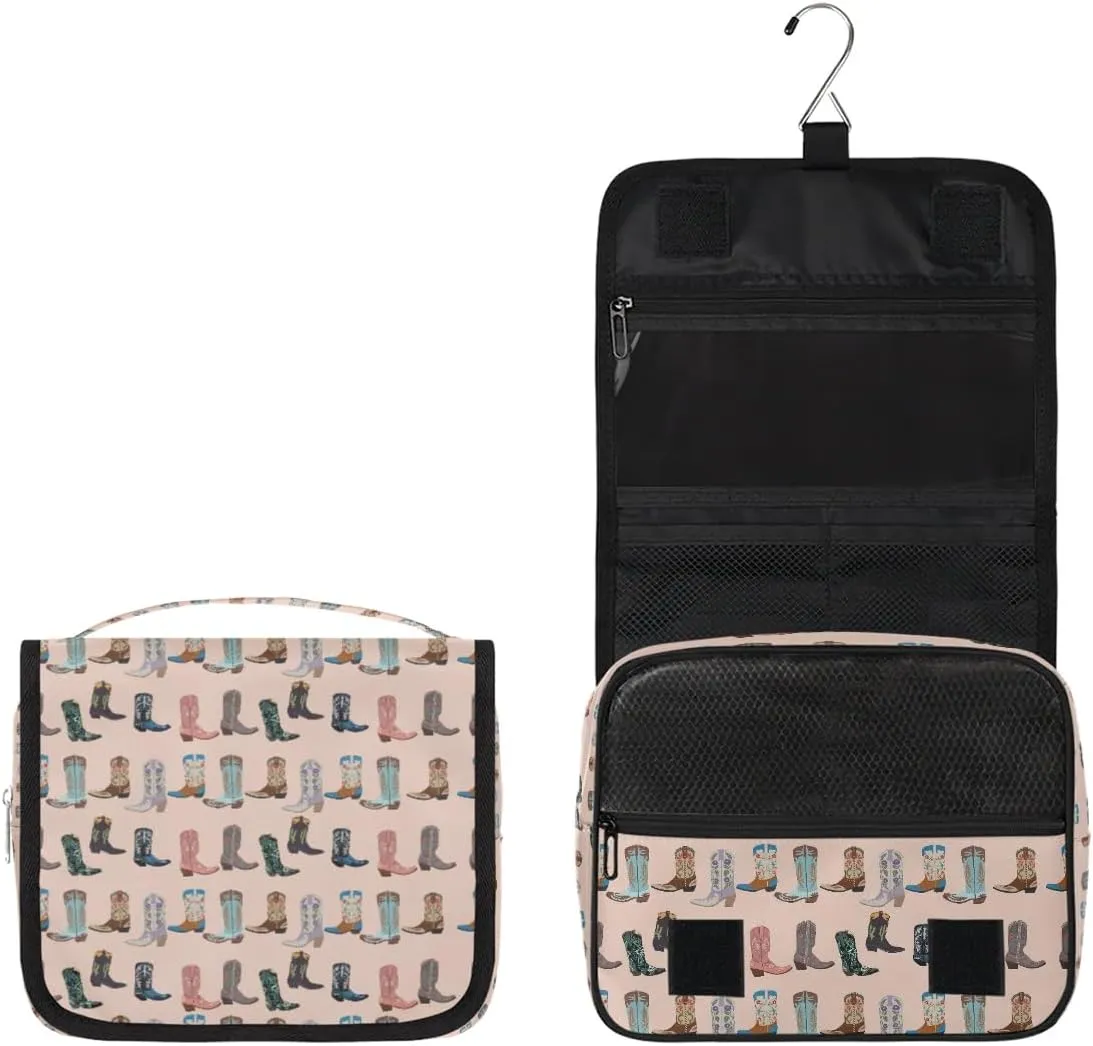 Travel Toiletry Bag for Women Men with Hanging Hook Pink Retro Western Print Cowboy Pattern Makeup Cosmetic Bag Organizer Travel Bag for Toiletries Essentials Accessories, Large Size