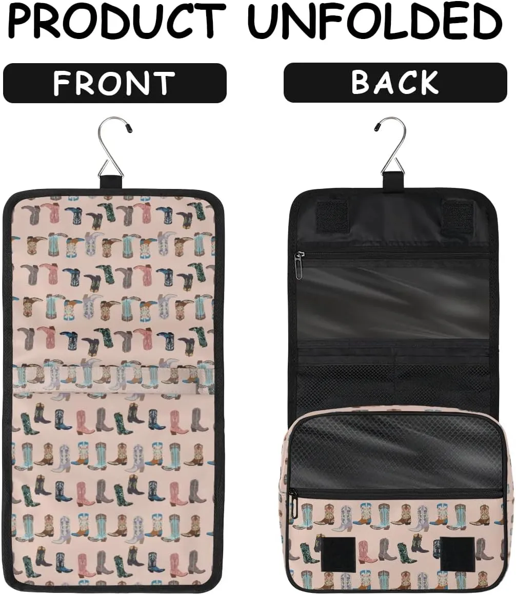 Travel Toiletry Bag for Women Men with Hanging Hook Pink Retro Western Print Cowboy Pattern Makeup Cosmetic Bag Organizer Travel Bag for Toiletries Essentials Accessories, Large Size