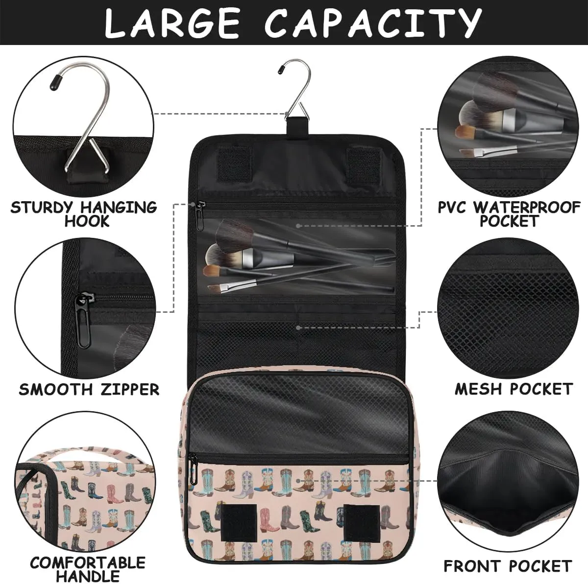 Travel Toiletry Bag for Women Men with Hanging Hook Pink Retro Western Print Cowboy Pattern Makeup Cosmetic Bag Organizer Travel Bag for Toiletries Essentials Accessories, Large Size