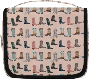 Travel Toiletry Bag for Women Men with Hanging Hook Pink Retro Western Print Cowboy Pattern Makeup Cosmetic Bag Organizer Travel Bag for Toiletries Essentials Accessories, Large Size