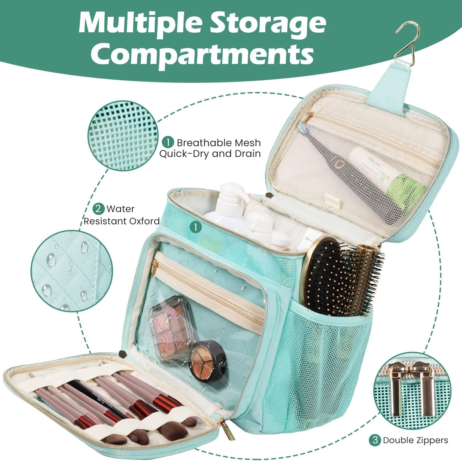 Travel Toiletry Bag for Women, Water Resistant Portable Hanging Toiletry Bags for Traveling, College Dorm, Bathroom, Gym, Shower Caddy, Organizer for Full Sized Bottles, Toiletries (Green)