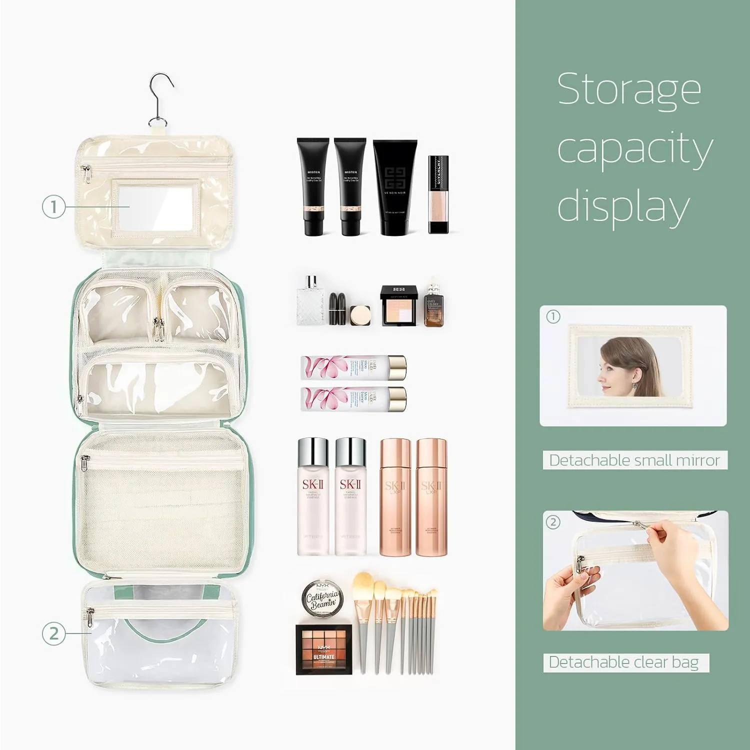 Travel Toiletry Bag for Women with Hanging Hook, Extra Large Travel Makeup Bag Organizer with Detachable Clear Bag, Suitable for Full-Sized Toiletries