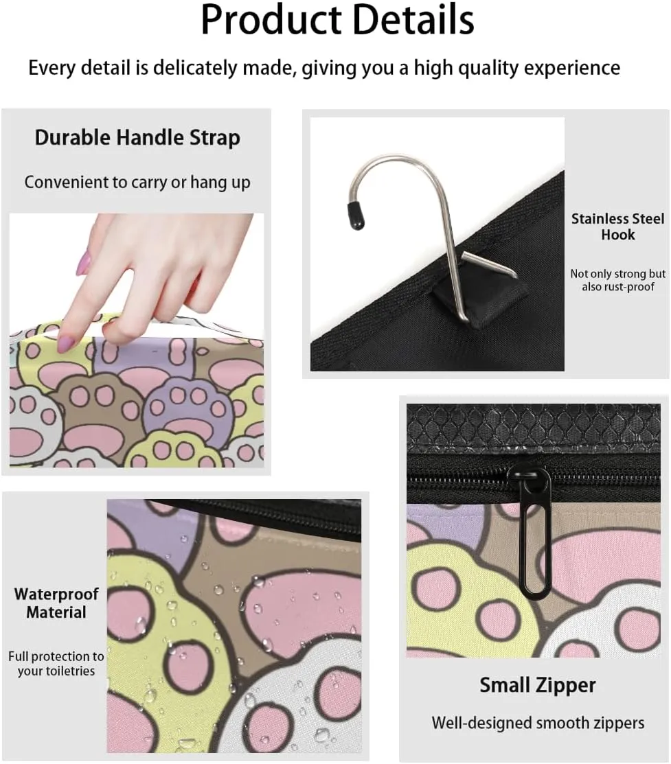 Travel Toiletry Bag for Women with Hanging Hook, Waterproof Makeup Cosmetic Bag Organizer Toiletries Bag for Travel Size Container,Accessories,Shampoo,Brushes Tools (Cat Paw)