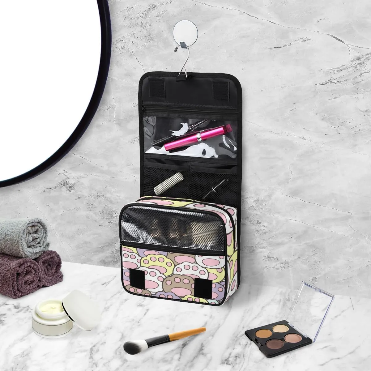 Travel Toiletry Bag for Women with Hanging Hook, Waterproof Makeup Cosmetic Bag Organizer Toiletries Bag for Travel Size Container,Accessories,Shampoo,Brushes Tools (Cat Paw)