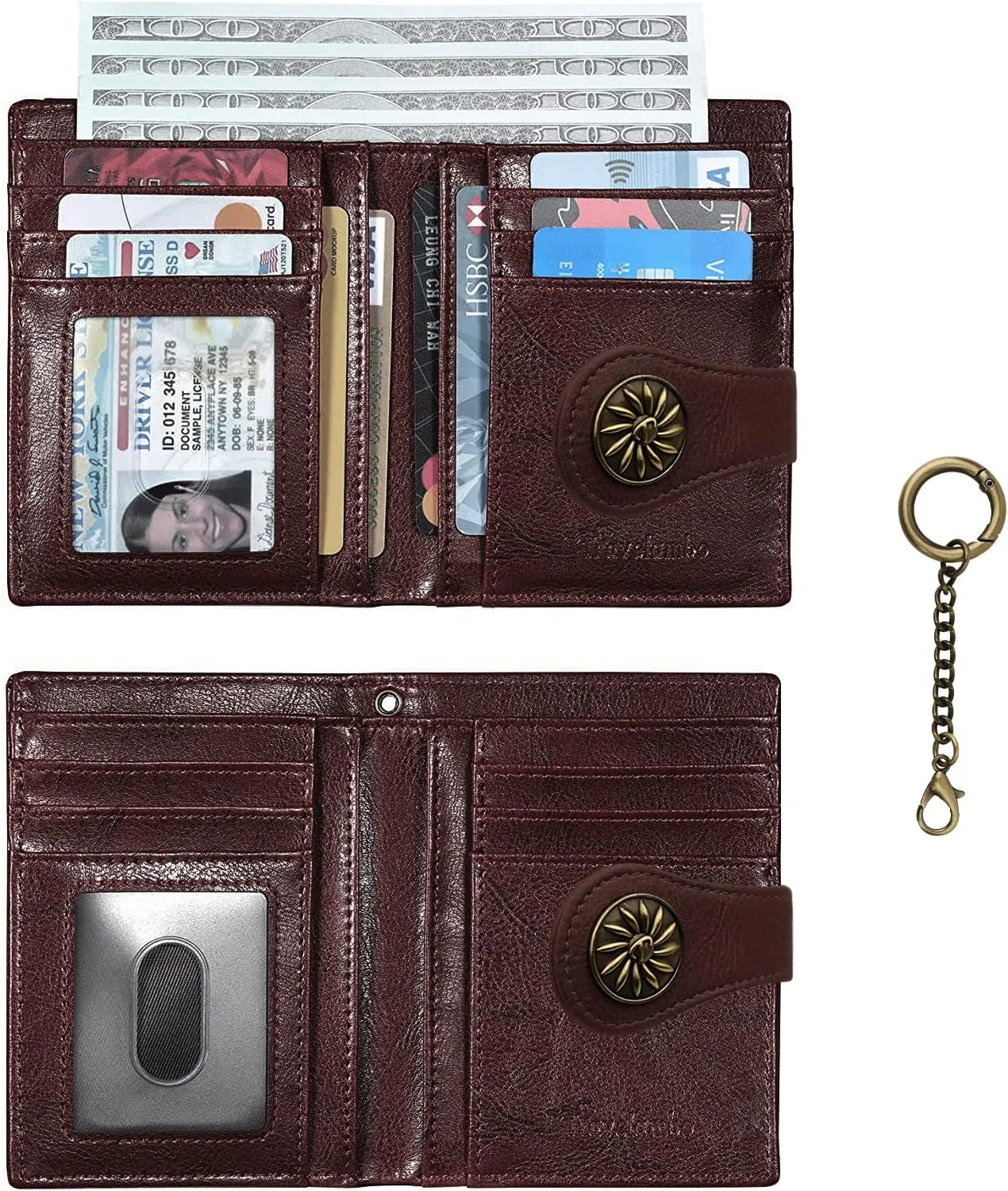 Travelambo Small Womens Wallet with 2 ID Windows, RFID Blocking Bifold Leather Card Holder Purse with Zipper Coin Pocket
