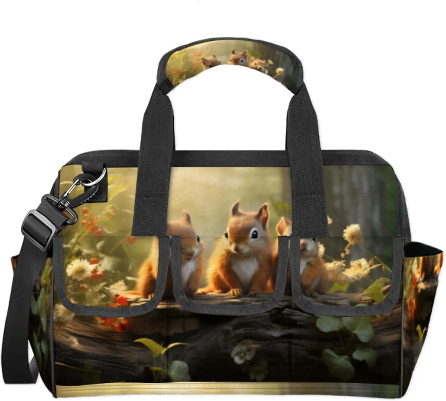 Tree Stump Cute Squirrels Wide Mouth Tool Bag for Men Women Heavy Duty Tool Organizer Bag with Adjustable Strape Waterproof Tool Bag Organizer for Plumbers Electricians Handymen