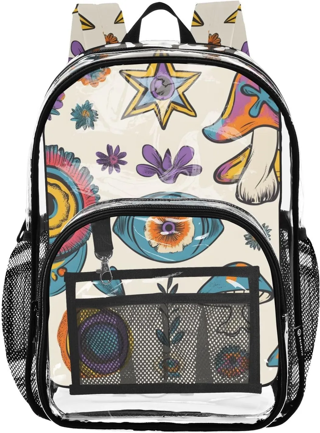 Trippy Eye and Flora Set Clear Plastic Backpack - Transparent PVC Heavy Duty Bag with Large Main Pocket and Mesh Pockets - Ideal for School, Travel, Outings - Clear Backpack for Everyday Use